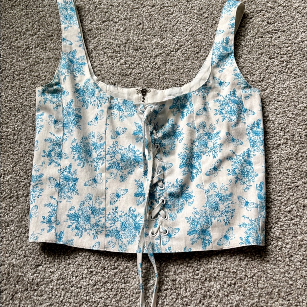 With Jean Blue Floral Lace-Up Women's Tank Top